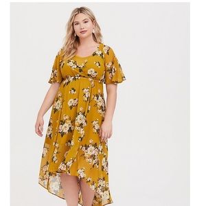 Mustard yellow high low floral dress